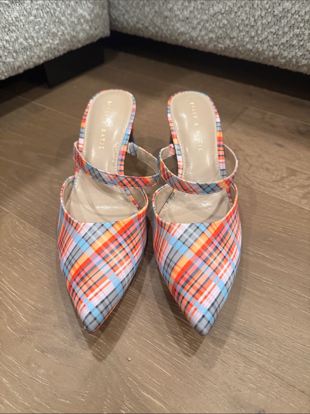 Kelly and Katie Orange Plaid Pointed-Toe Slingback Mules